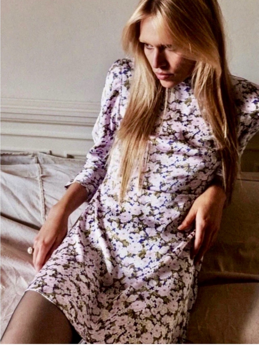 Zara NWT Floral Mini Dress High Neck Long Sleeve Button Cuff Size M